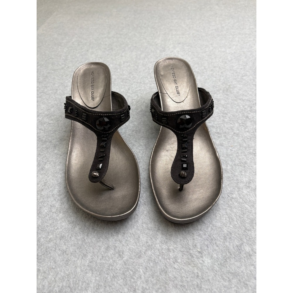 Montego Bay Club Womens Black Beaded Wedge Sandals Metallic Silver Thong Size 12